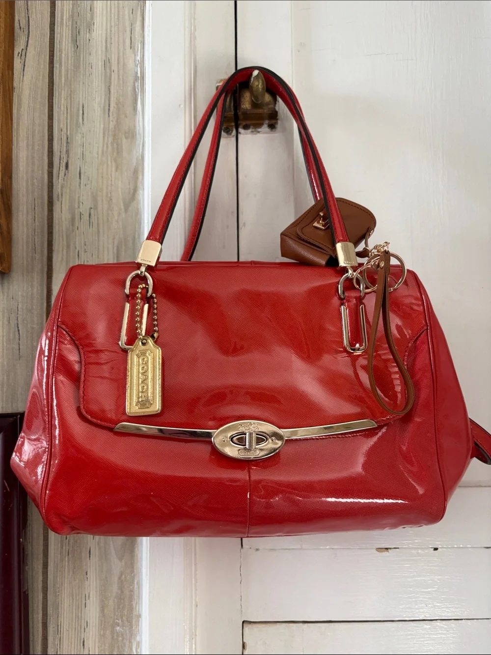 Coach Red Patent Satchel with Gold-Tone Hardware